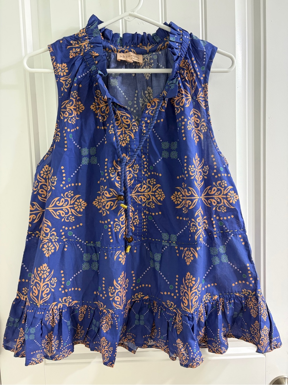 Philosophy by Republic Blue and Floral Ruffle Neck Sleeveless Top